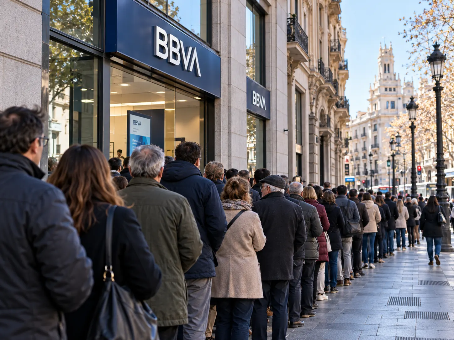 Personas frente a una oficina bancaria en una calle de España